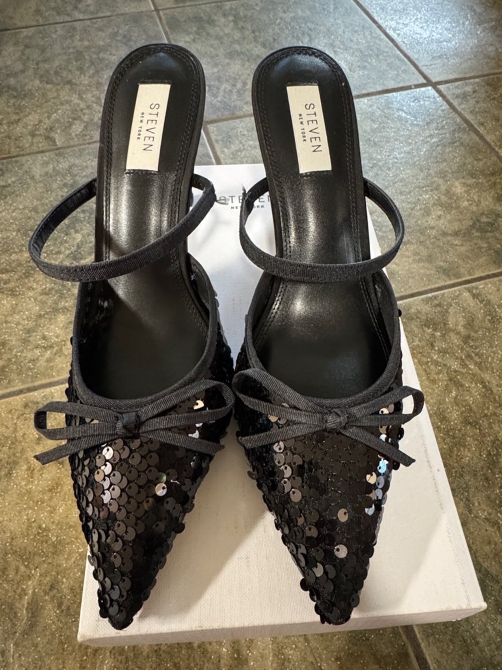 STEVEN New York Black Sequin Pointed Mules